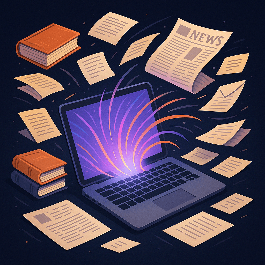AI text generator concept image showing a laptop pulling in books, newspapers, and letters to represent content transformation.