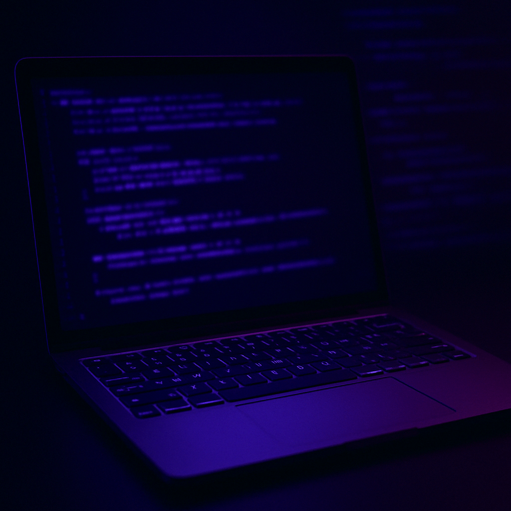 Dark-themed laptop glowing with purple and blue light, displaying blurred lines of code on screen—symbolizing AI-powered text generation and futuristic writing tools.