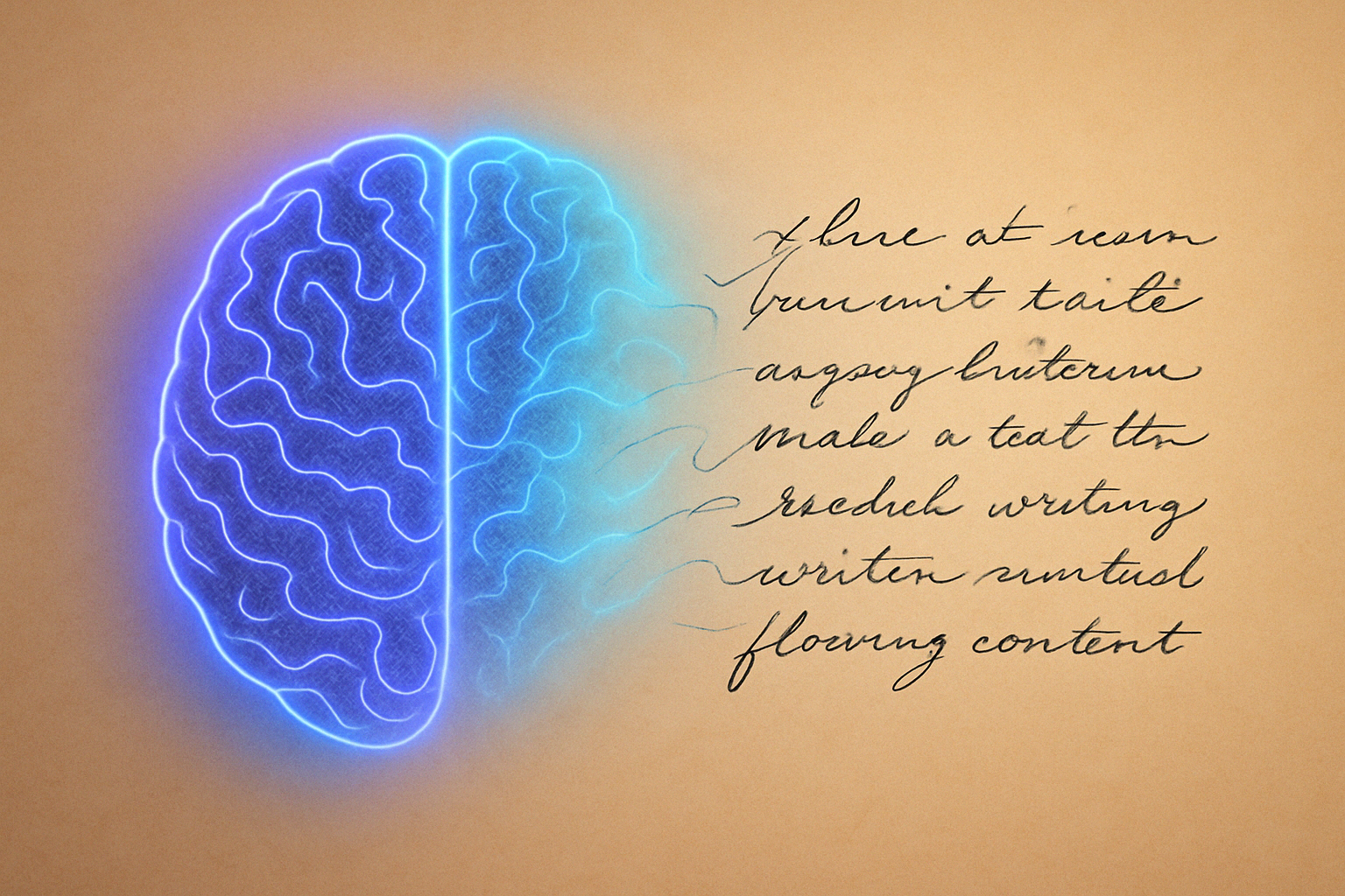 Glowing blue AI brain transforming into black cursive handwriting on a warm parchment-style background, symbolizing the shift from artificial to human-like writing.