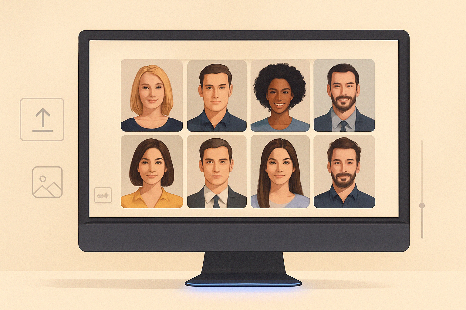 Abstract illustration showing a screen filled with AI-generated headshots in various styles, representing the range of results from AI headshot generators.