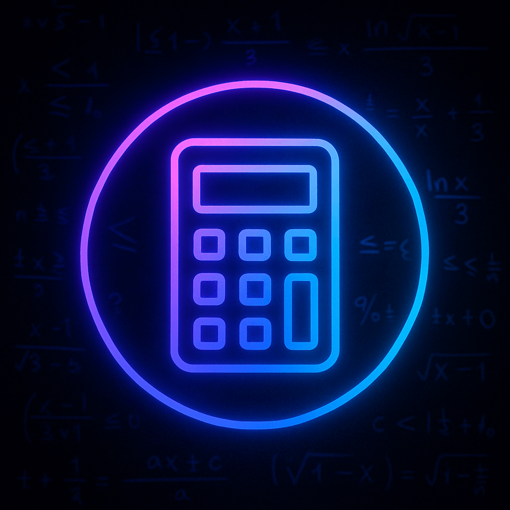 Neon blue and purple calculator icon inside a glowing circle on a dark background filled with blurred math equations, symbolizing AI-powered math solving tools.