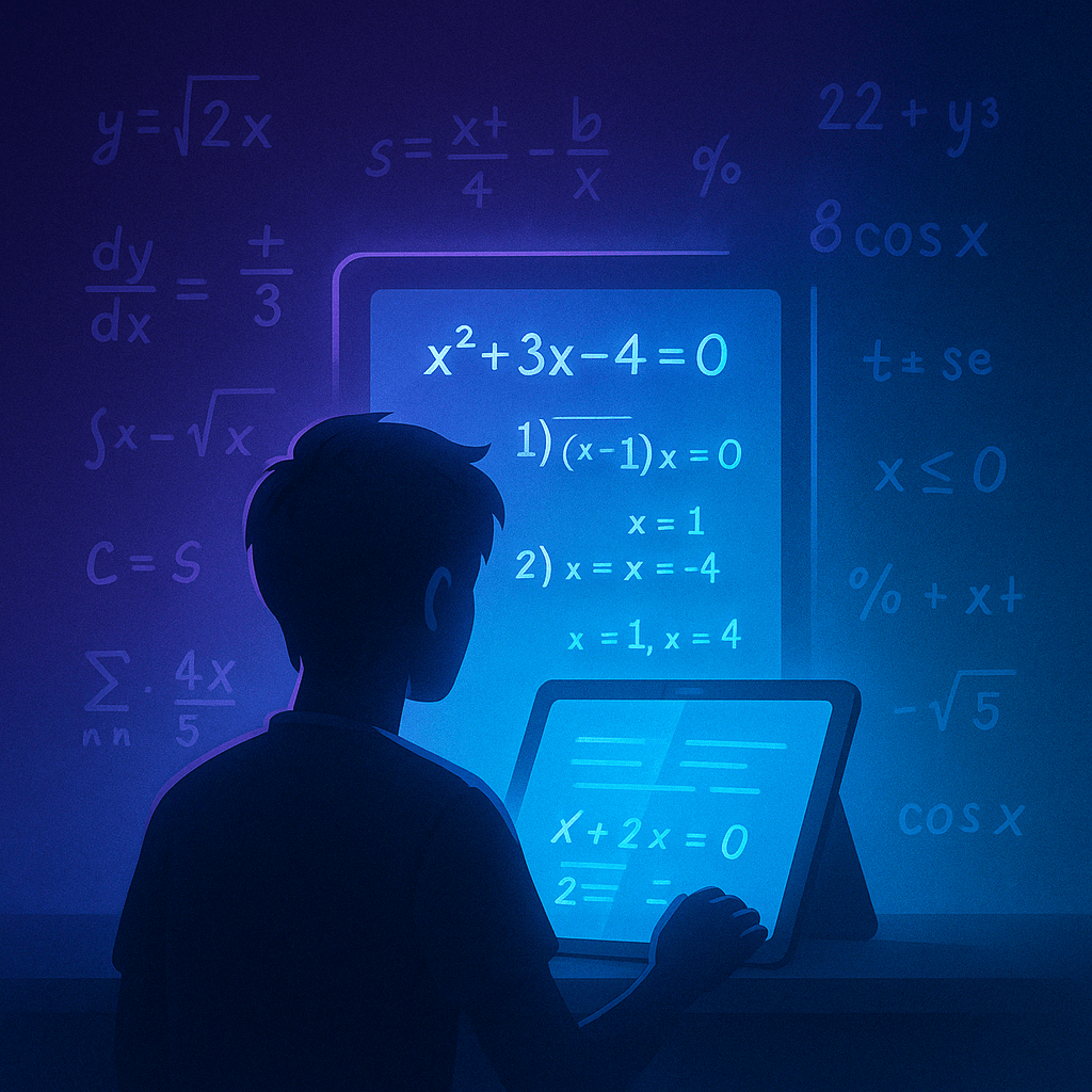 Student Studying Silhouette of a student using a glowing tablet with floating mathematical equations and step-by-step solutions in the background, representing AI-assisted learning and problem-solving.