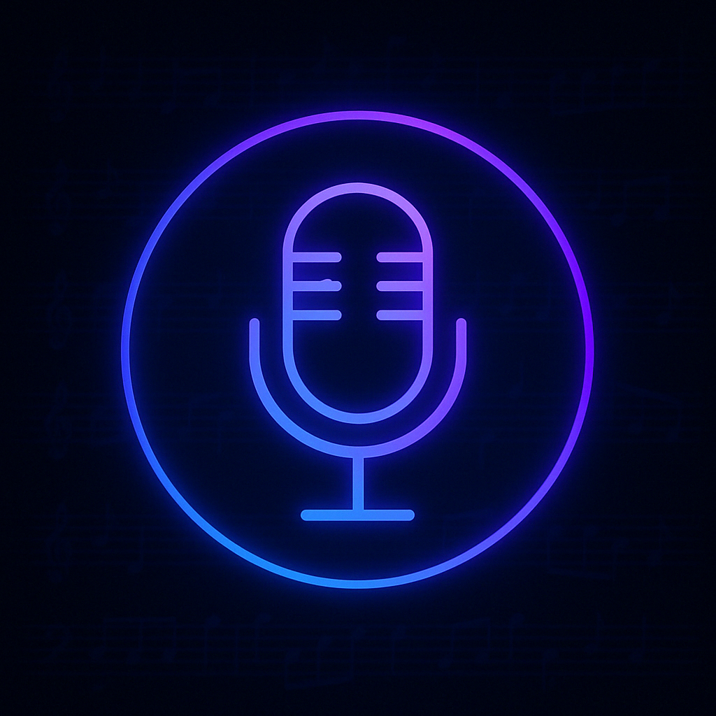 Minimalist illustration of a glowing microphone inside a neon circle with faint musical notes in the background, symbolizing AI-generated lyrics.