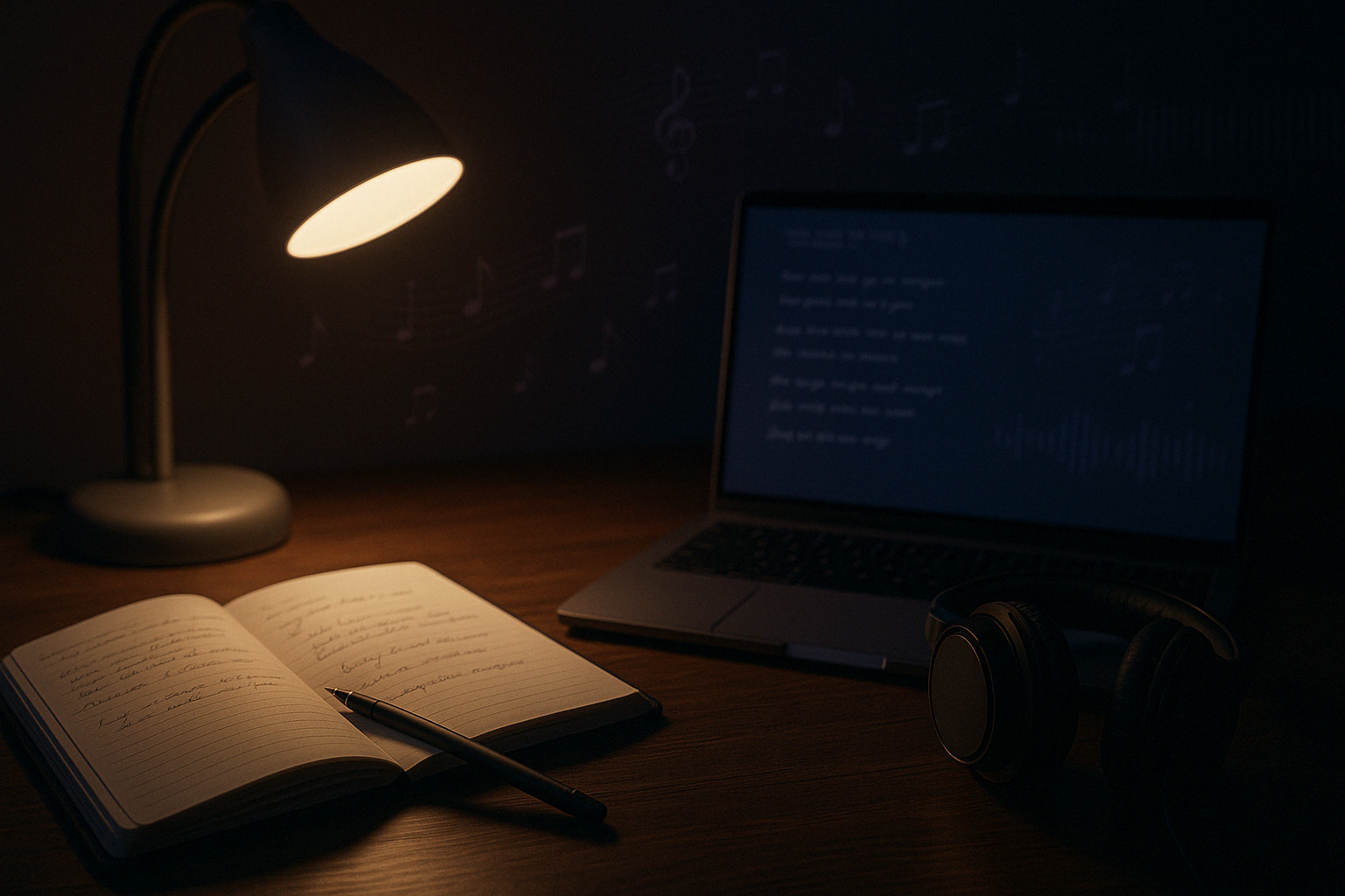AI Dim Room A dimly lit desk at night with a glowing laptop displaying lyrics, a notebook with handwritten verses, a pen, and a pair of headphones beside a warm desk lamp—capturing the quiet, focused atmosphere of AI-assisted songwriting.