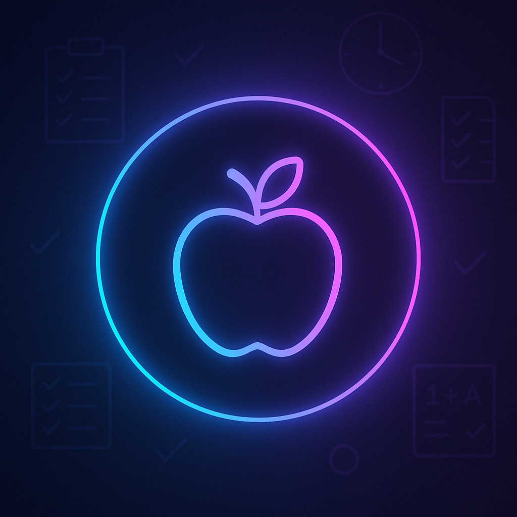 A minimalist glowing icon of an apple surrounded by a neon purple-blue circle, set against a dark background with faint educational symbols—representing AI tools that support teachers.
