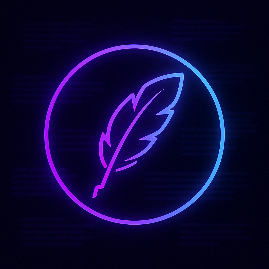A glowing feather quill icon inside a neon circle, set against a dark background with floating story pages—representing AI-generated storytelling tools.