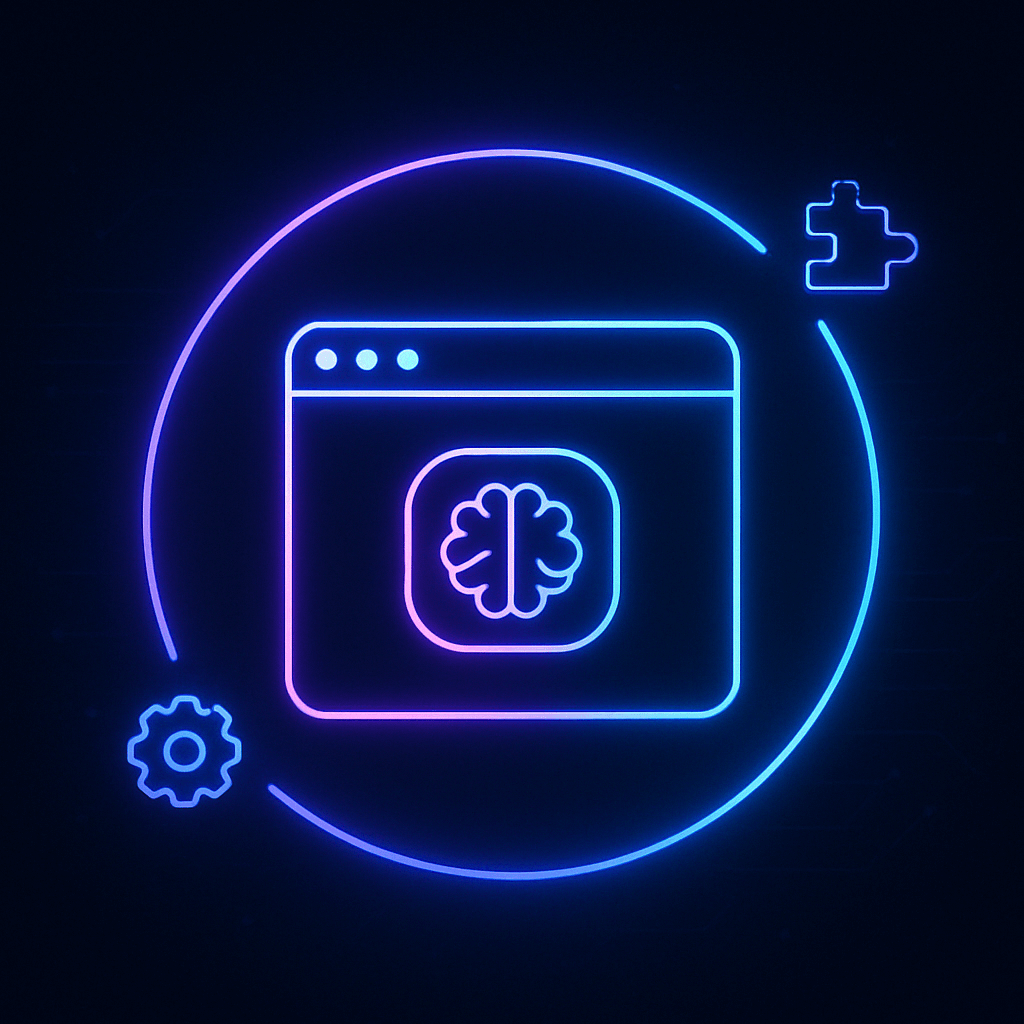 A glowing browser tab icon inside a purple-blue neon circle, with floating AI chip or circuit lines in the background — clean, techy, and instantly recognizable.