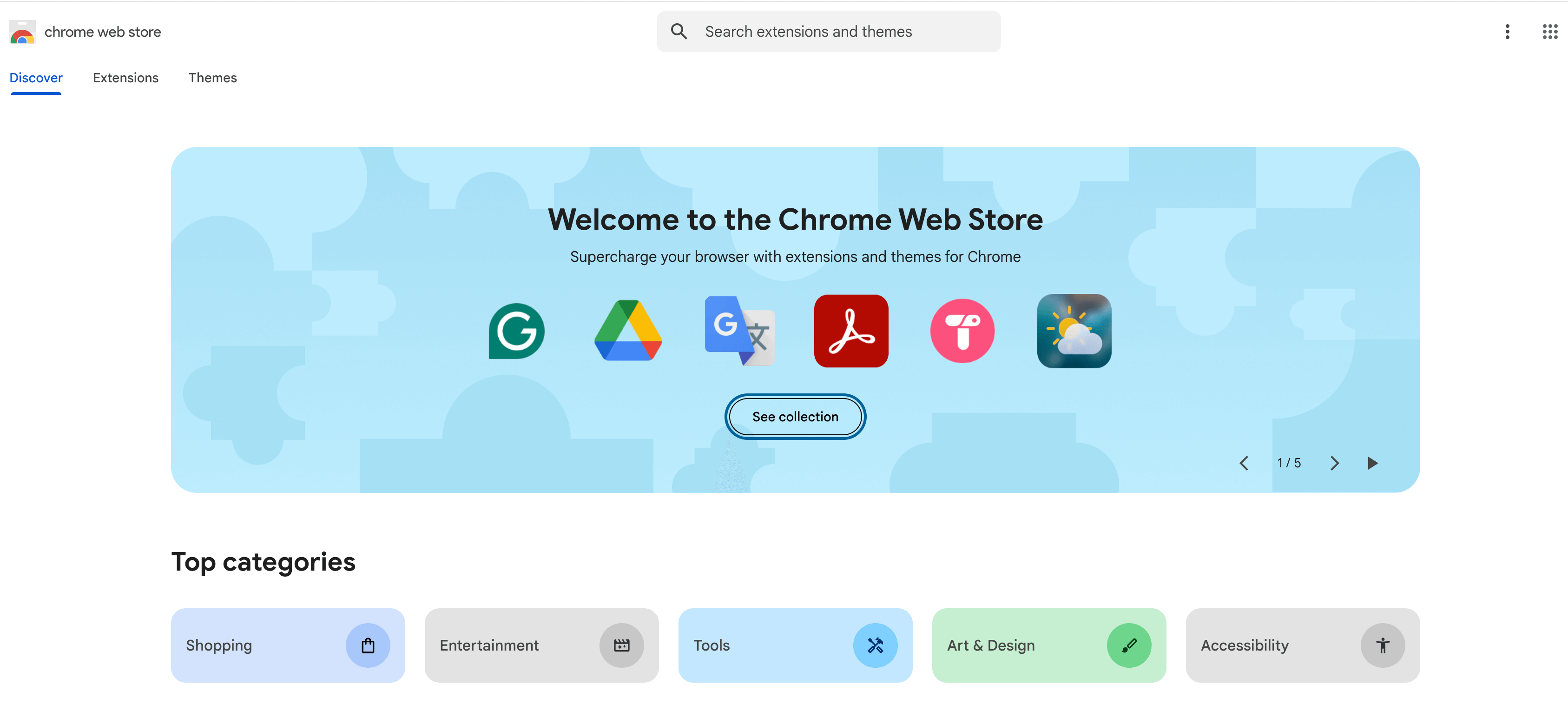 Chrome-Browser Screenshot of the Chrome Web Store homepage showcasing top AI Chrome extensions for productivity, including Grammarly and Google tools.