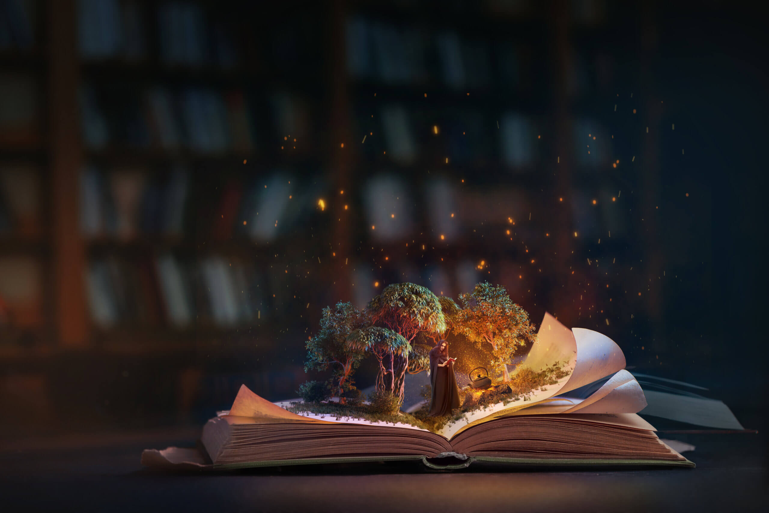An open book with lighting by a star inside a lightbulb. Night reading conceptual still life with copy space. Concept art of an AI story generators: magical trees and lights emerging from an open book in a library.